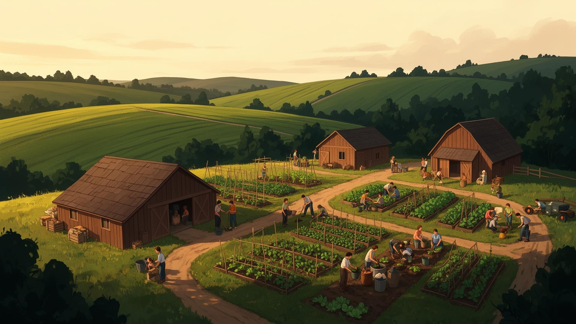 Village farm community at golden hour